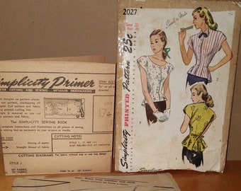 Retro 1947 Origineel 2027 Simplicity-patroon maat 20, compleet met envelop en instructies HTF *ZELDZAAM*