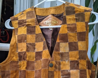 Vintage Original 1970's Adriana Leather Vest Made In Mexico Patchwork Dark & Light Brown Orange Adult SZ 38 Boho Hippie