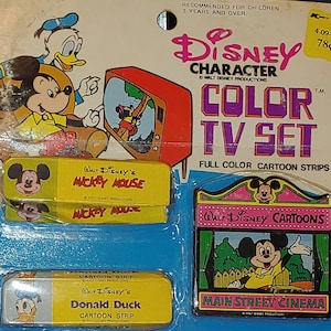 1970's Walt Disney Character Color TV Set Mickey Mouse Donald Duck Scamp Goofy Cartoon Strips Main Street Cinema Dynasty Toys Hong Kong