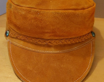 Original 1970&#39;s Made In Mexico All Leather Sued Page Boy Cap Hat Burnt Orange Dyed Sued Size 10