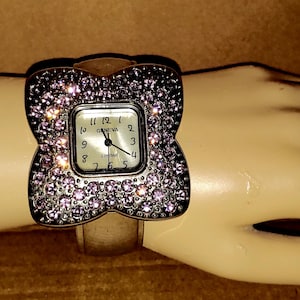 Vintage Geneva Square Face Watch Pink Faux Crystal Quarts Cuff Metal Band Bracelet Silver Tone Japan Movt Ladies