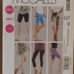 May include: McCall's M6360 sewing pattern for knit shorts and leggings. The pattern includes multiple styles, sizes RR (18W-24W), and features the words "Easy", "Knits", and "Plus".