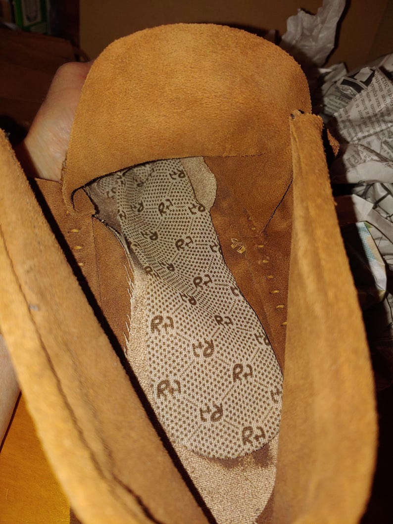 Vintage originele jaren 1970 alle suède mocassins schoenen geassembleerd in Mexico lichtbruin tan boho hippie SZ medium 7 nooit gedragen afbeelding 7