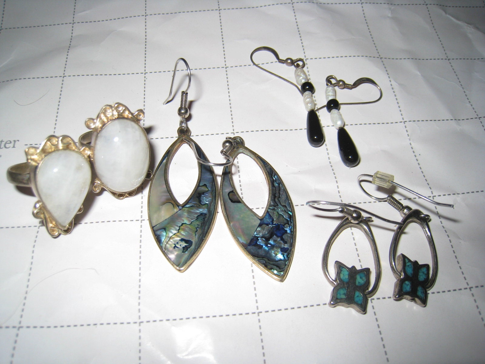 Vintage Alpaca Mexico MOP Shell Dangle Earrings Butterfly Silver Earrings Freshwater Black Onyx Pearls 925 Moon Rings