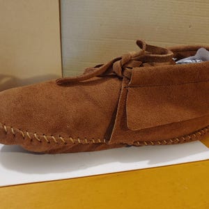 Vintage originele jaren 1970 alle suède mocassins schoenen geassembleerd in Mexico lichtbruin tan boho hippie SZ medium 7 nooit gedragen afbeelding 3