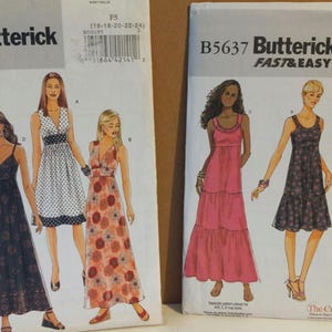 Könnte beinhalten: Zwei Nähmuster-Pakete von Butterick. Das linke Paket ist für ein Kleid und hat die Muster Nummer B5181. Das rechte Paket ist für ein Kleid und hat die Muster Nummer B5637. Beide Pakete zeigen Illustrationen von Frauen, die die Kleider tragen.
