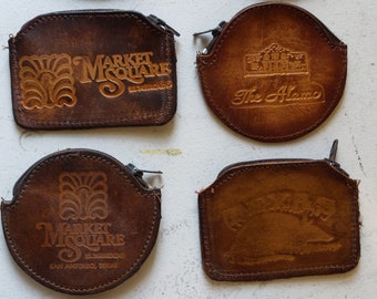 1970's Vintage 8 All Leather Coin Purses Harley Davidson The Alamo Texas Market Square Armadillo Hand Made USA  Natural Brown *RARE*