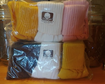 6-Vintage 1980'S Ladies Women's Cuff Socks SZ 9-11 Sealed Plastic Bags 2 Bags Set Of 3 Socks Yellow White Black Pink Gold Cotton USA