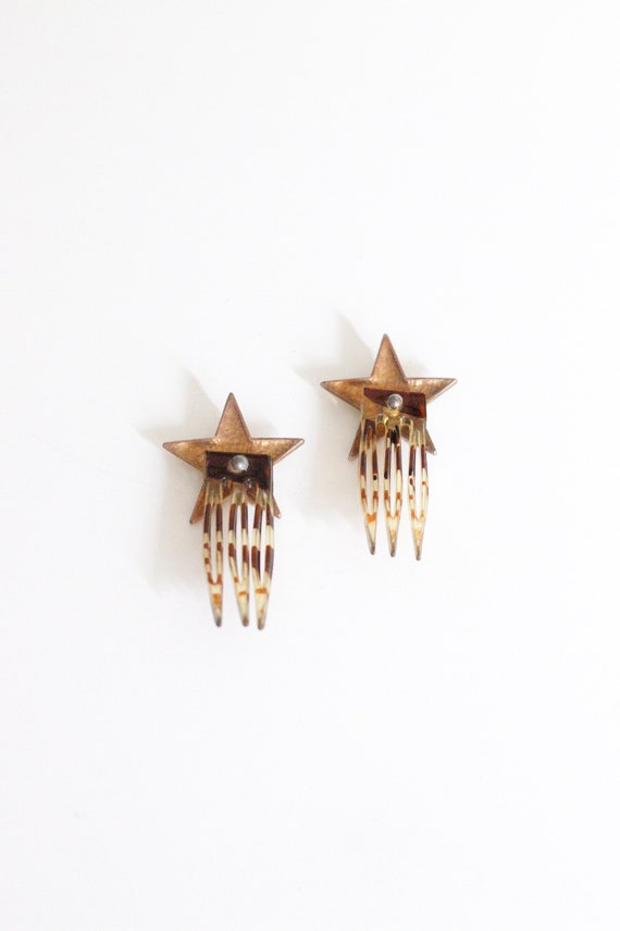 vtg faux pearl & tortoise star hair comb set of t… - image 4