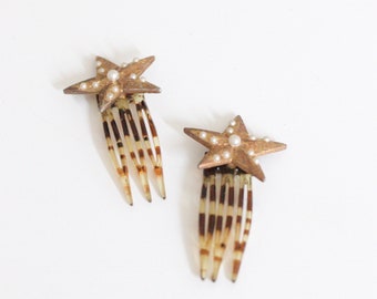 vtg faux pearl & tortoise star hair comb set of two