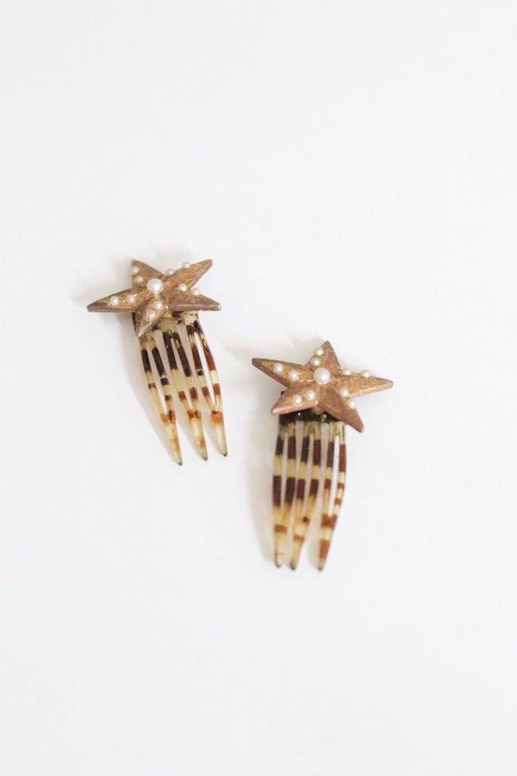 vtg faux pearl & tortoise star hair comb set of t… - image 1