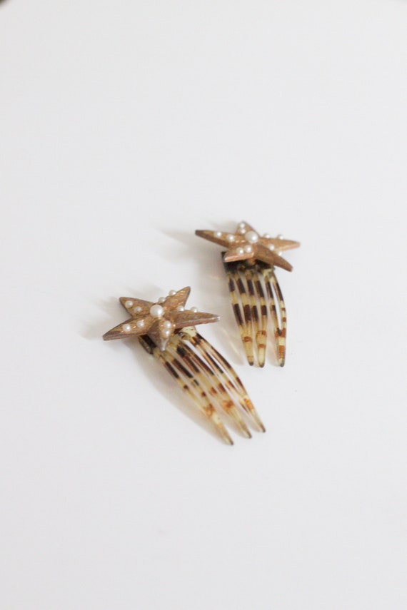 vtg faux pearl & tortoise star hair comb set of t… - image 2