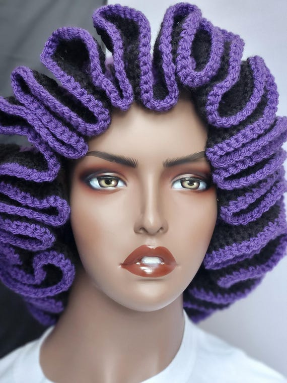 Purple and Black Handmade Crochet Ruffle Bucket Hat - Stylish Women Everyday Headwear.