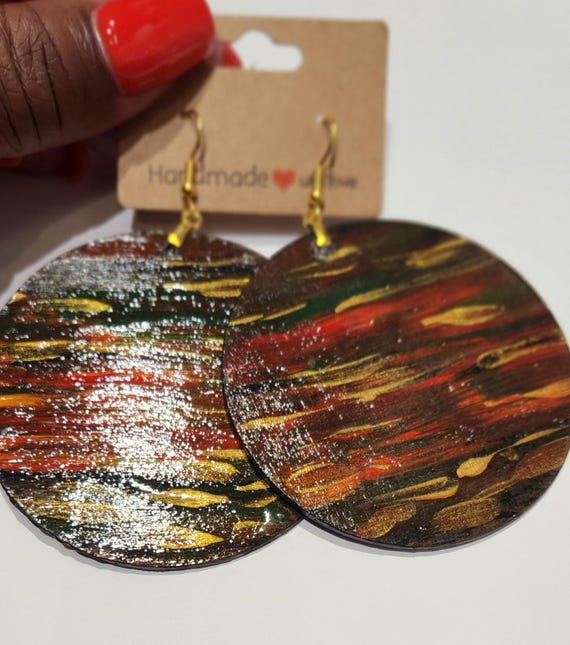 Unique Handpainted Earrings:Vibrant color Circle Dangle Earrings