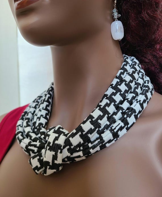 Scarf/Fabric Necklace - Bold Black and White Single Knot Necklace