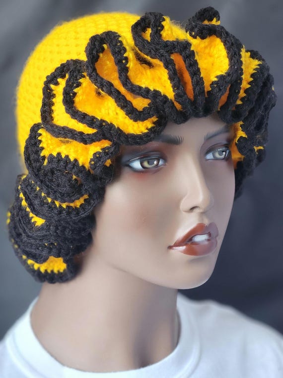 Yellow and Black Handmade Crochet Ruffle Bucket Hat - Stylish Women Everyday Headwear.