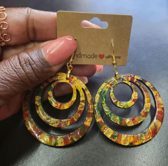 Hand-Painted Hallowed Triple Ring Circle Earrings.