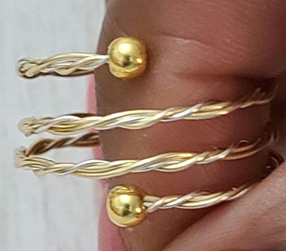 Adjustable Silver and Gold (Tarnish-resistant) Hand Twisted Beaded Ring.