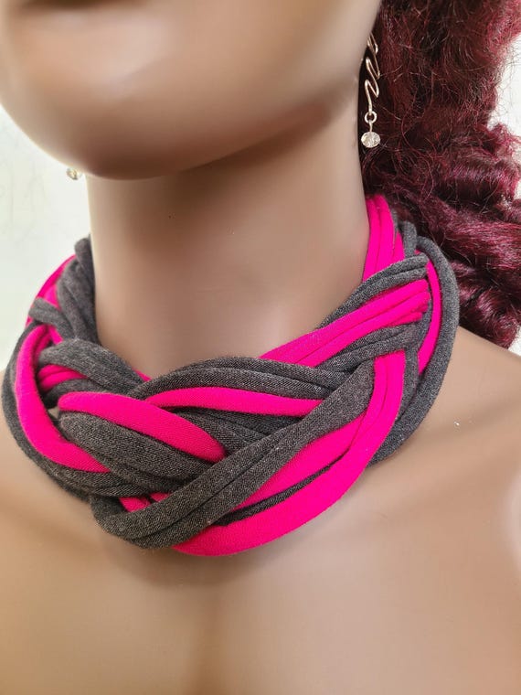 Scarf/Fabric Necklace -Dark Pink and Gray