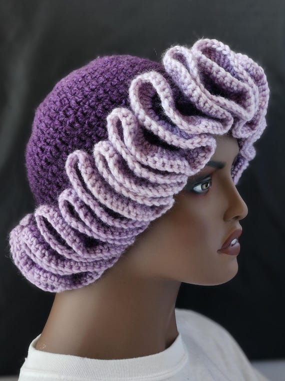 Purple Handmade Crochet Ruffle Bucket Hat - Stylish Women Everyday Headwear.