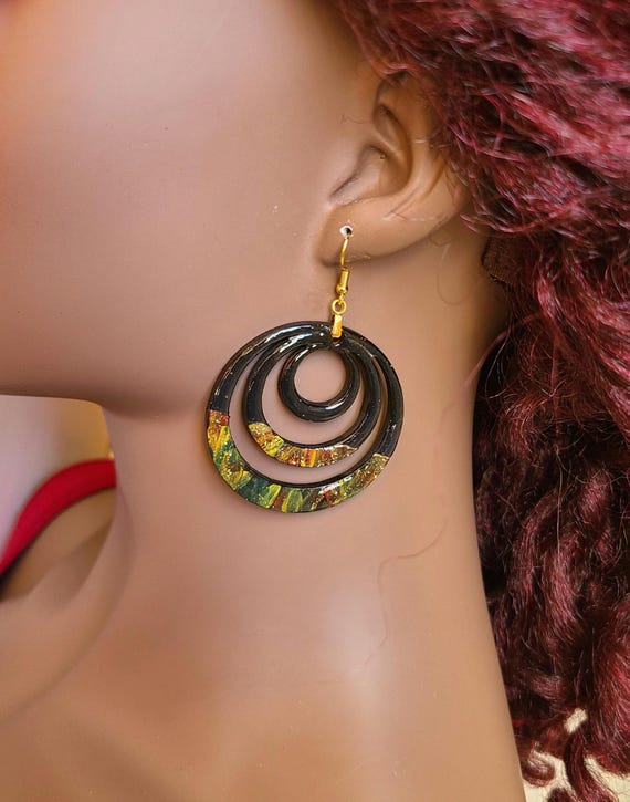 Hand-Painted Hallowed Triple Ring Circle Earrings.