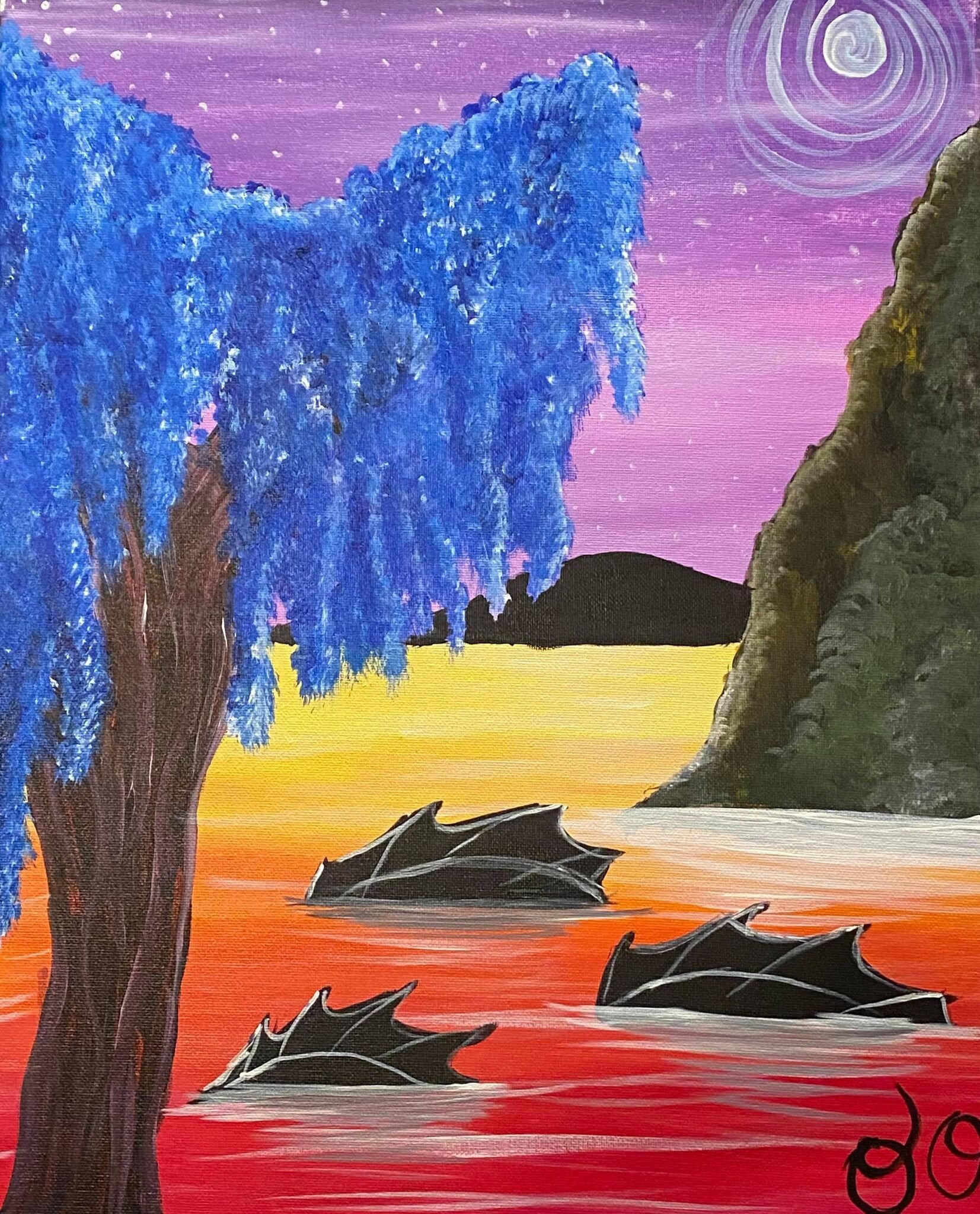 Sea Serpents And Blue Tree Sunset Painting Acrylic On Canvas Etsy Sea Serpents And Blue Tree Sunset Painting Acrylic On Canvas Etsy