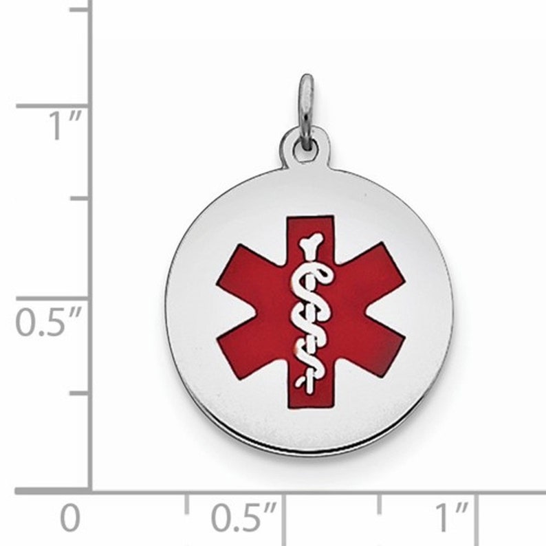 Sterling Silver with Enamel 19mm Medical Alert Pendant Charm Custom Engraved Personalized
