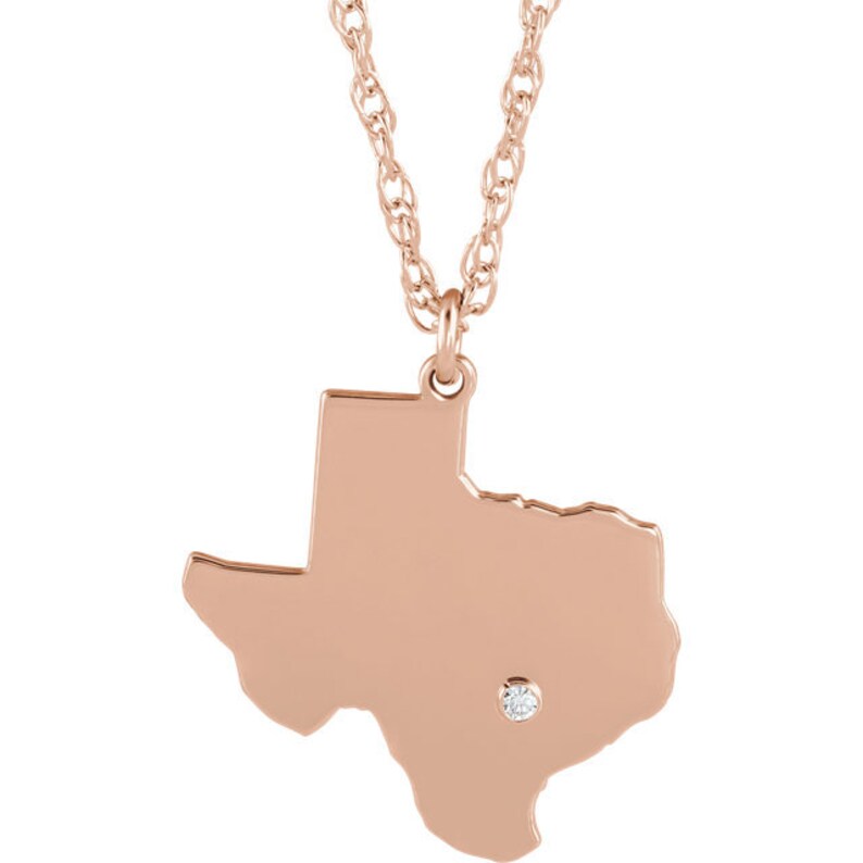 14K Yellow Gold 14k White Gold 14k Rose Gold 10k Gold Sterling Silver Texas TX State Map Necklace Personalized Diamond City