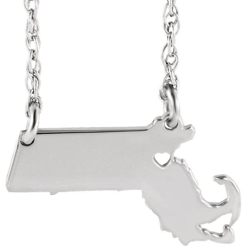 14K Yellow Gold 14k White Gold 14k Rose Gold 10k Gold Sterling Silver Massachusetts MA State Map Necklace Personalized Heart Pierced City