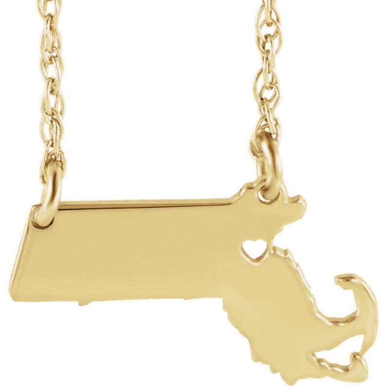 14K Yellow Gold 14k White Gold 14k Rose Gold 10k Gold Sterling Silver Massachusetts MA State Map Necklace Personalized Heart Pierced City