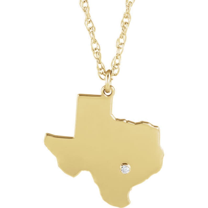 14K Yellow Gold 14k White Gold 14k Rose Gold 10k Gold Sterling Silver Texas TX State Map Necklace Personalized Diamond City
