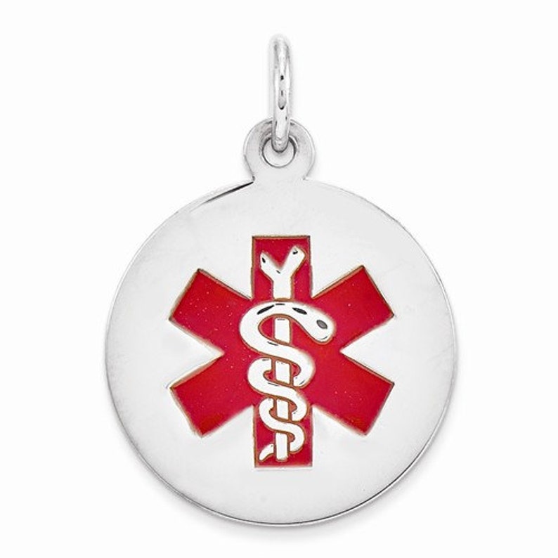 Sterling Silver with Enamel 19mm Medical Alert Pendant Charm Custom Engraved Personalized