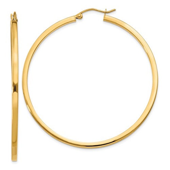 14k Yellow Gold 2mm Thick Diamond-Cut Round Tube Hoop Earrings 35mm