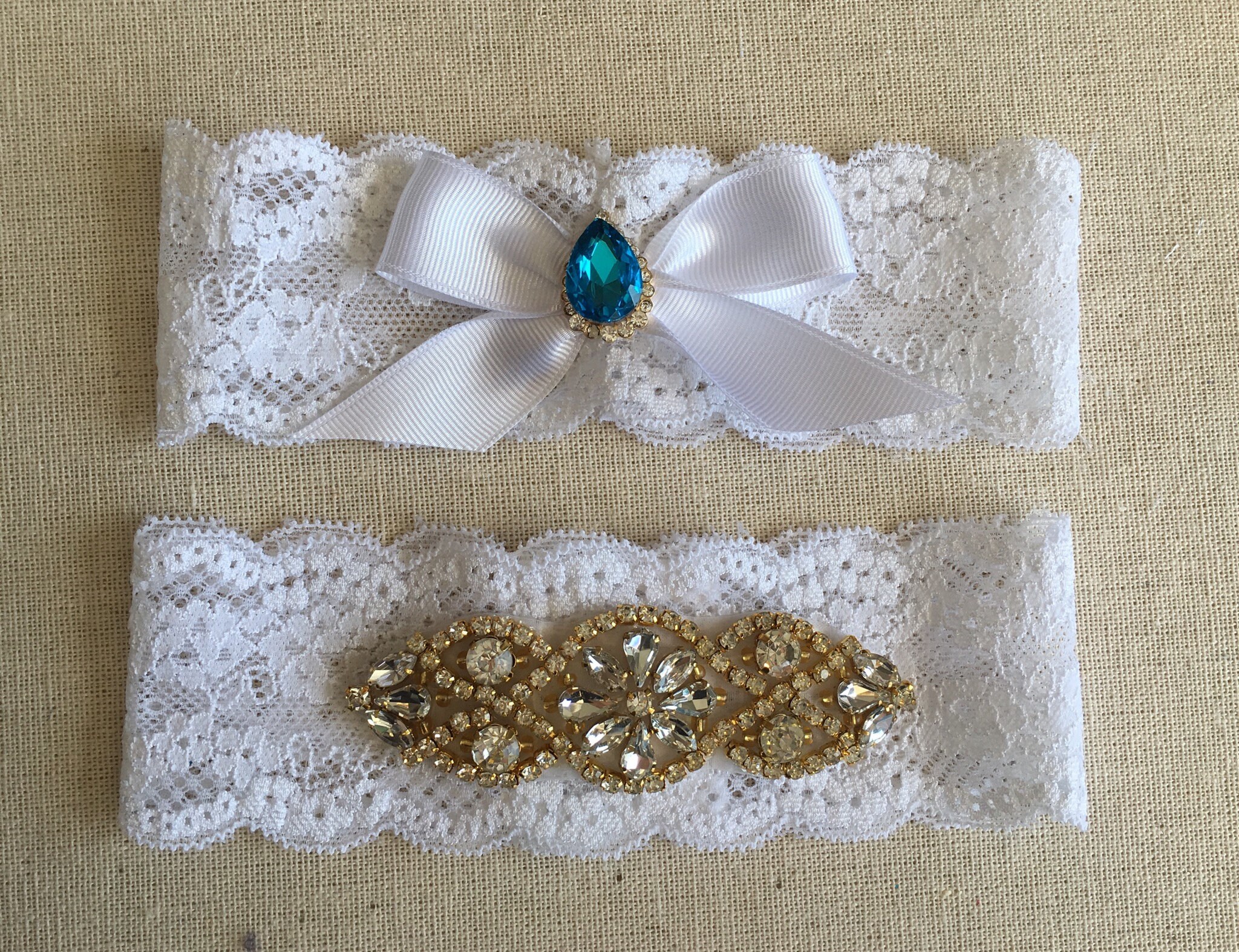 Something Blue Wedding Garter Bridal Garters Set White Garter Set