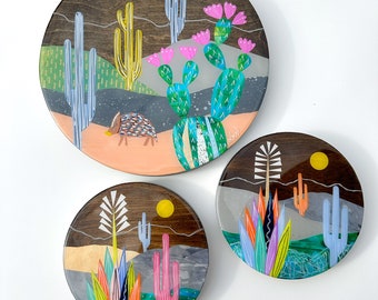 Sonoran desert/ sunset / cactus art / paper collage / resin home decor / gift idea