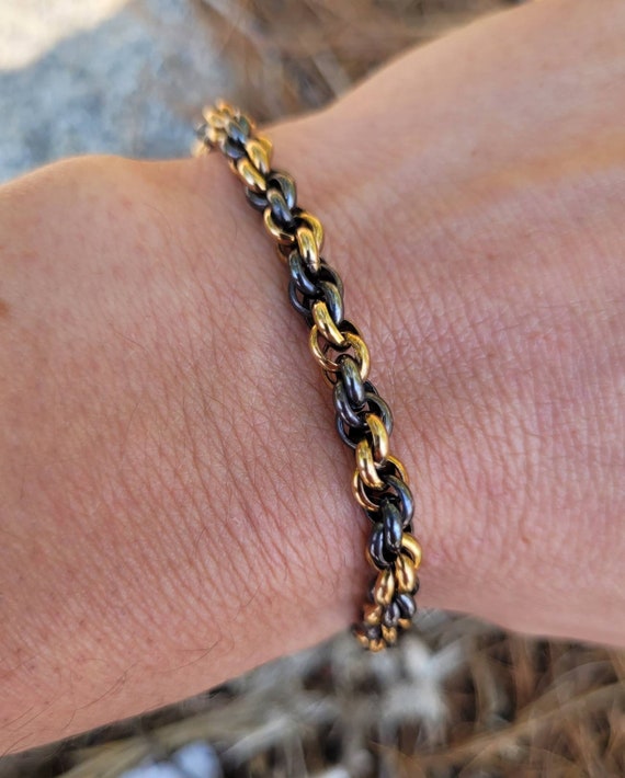 14k Gold and 935 Argentium Silver French Rope Chainmaille Bracelet,  Oxidized, Hook and Eye Clasp, Black and Yellow Purity Stamp 