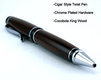 Cigar style twist pen with Chrome plated hardware and made with Cocobola King wood