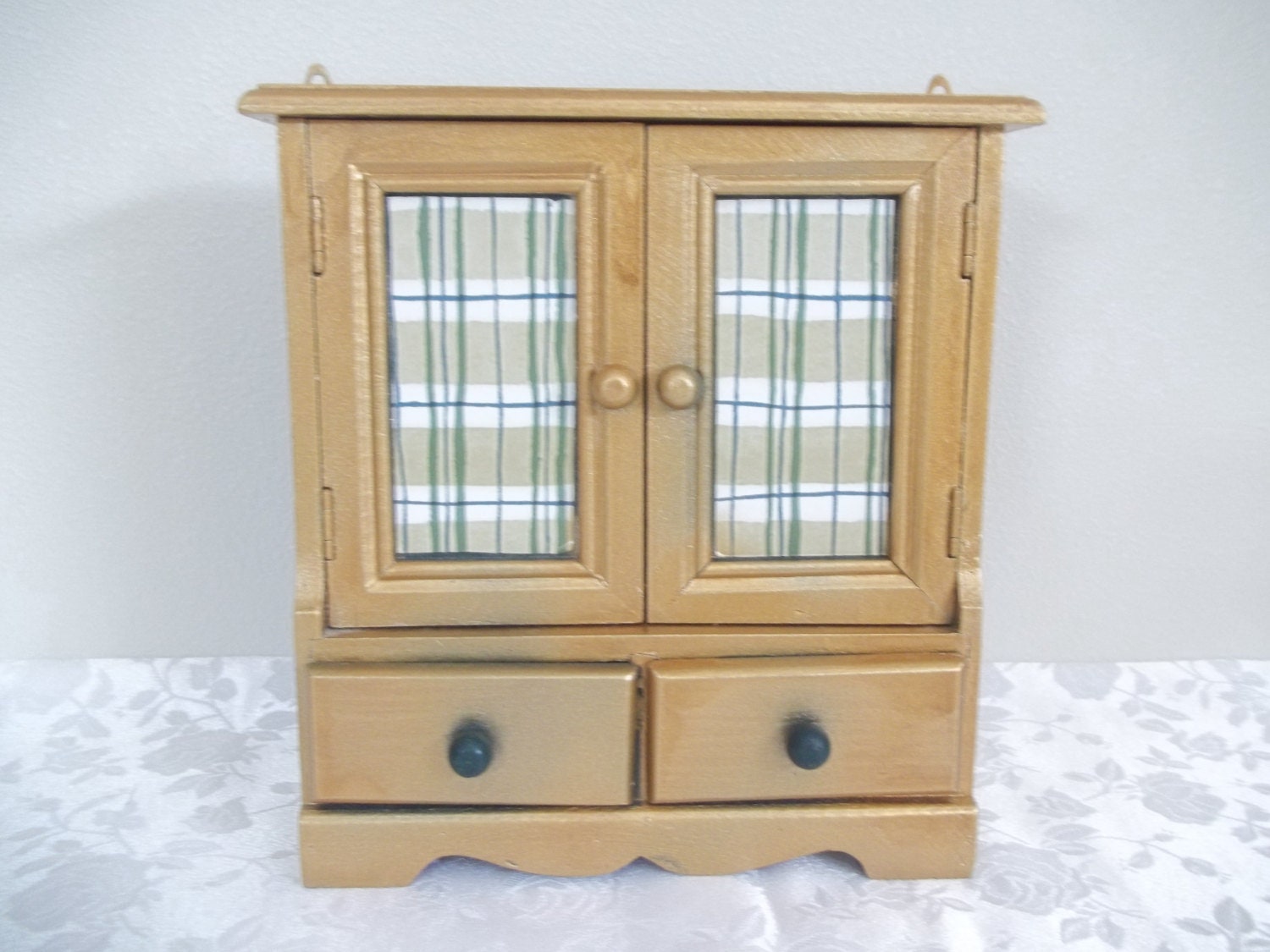 Mini Armoire Wood Jewelry Box With Gold And Green Plaid Design