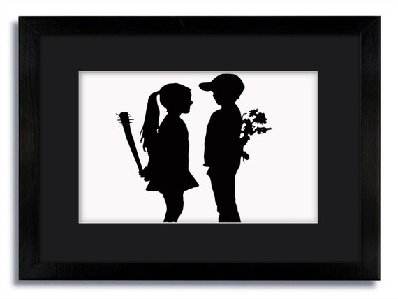 Banksy Boy And Girl Baseball Bat And Flowers Mounted Etsy