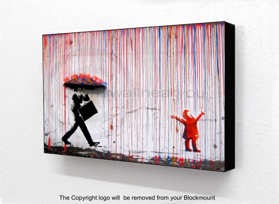 Banksy Umbrella Man Rainbow Rain Girl Block Mounted Print