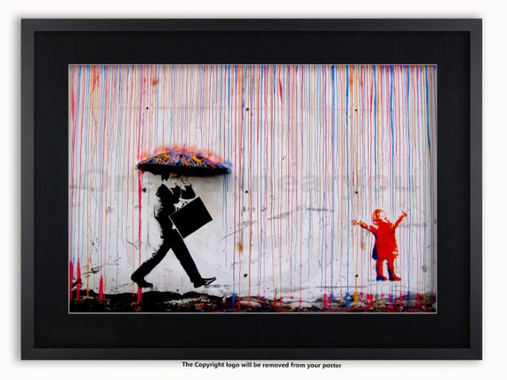 Banksy Umbrella Man Rainbow Rain Girl Mounted Framed Print