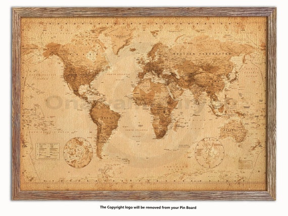 Matt Laminated Pin Board World Physical Map Framed Wood Effect