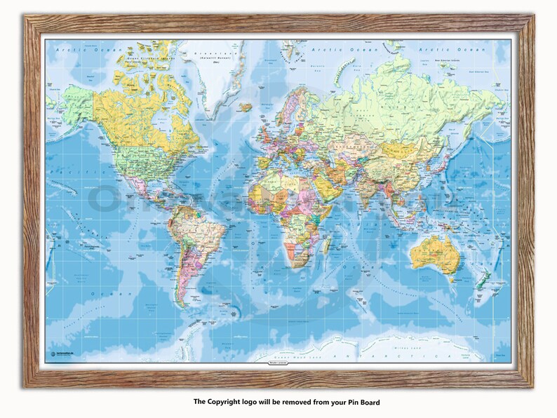 Matt Laminated Pin Board World Physical Map Framed Wood Effect