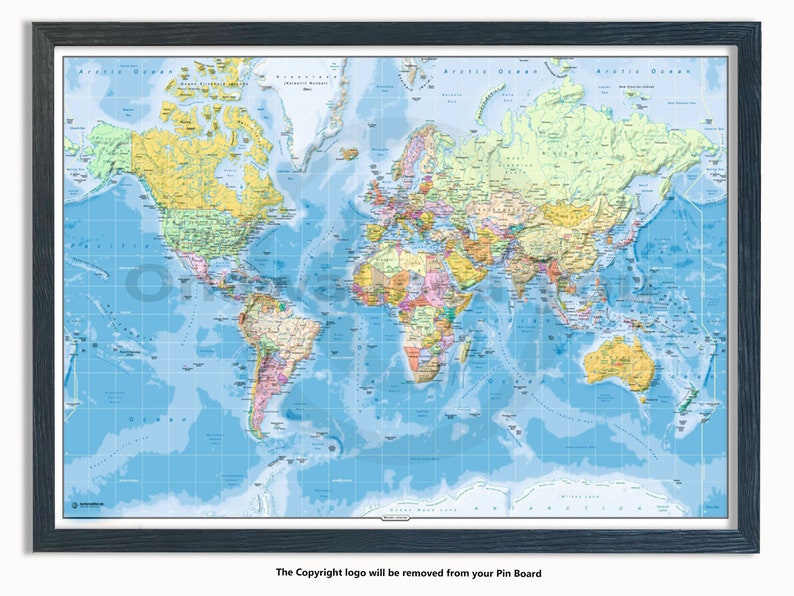 Matt Laminated Pin Board World Physical Map Framed Wood Effect