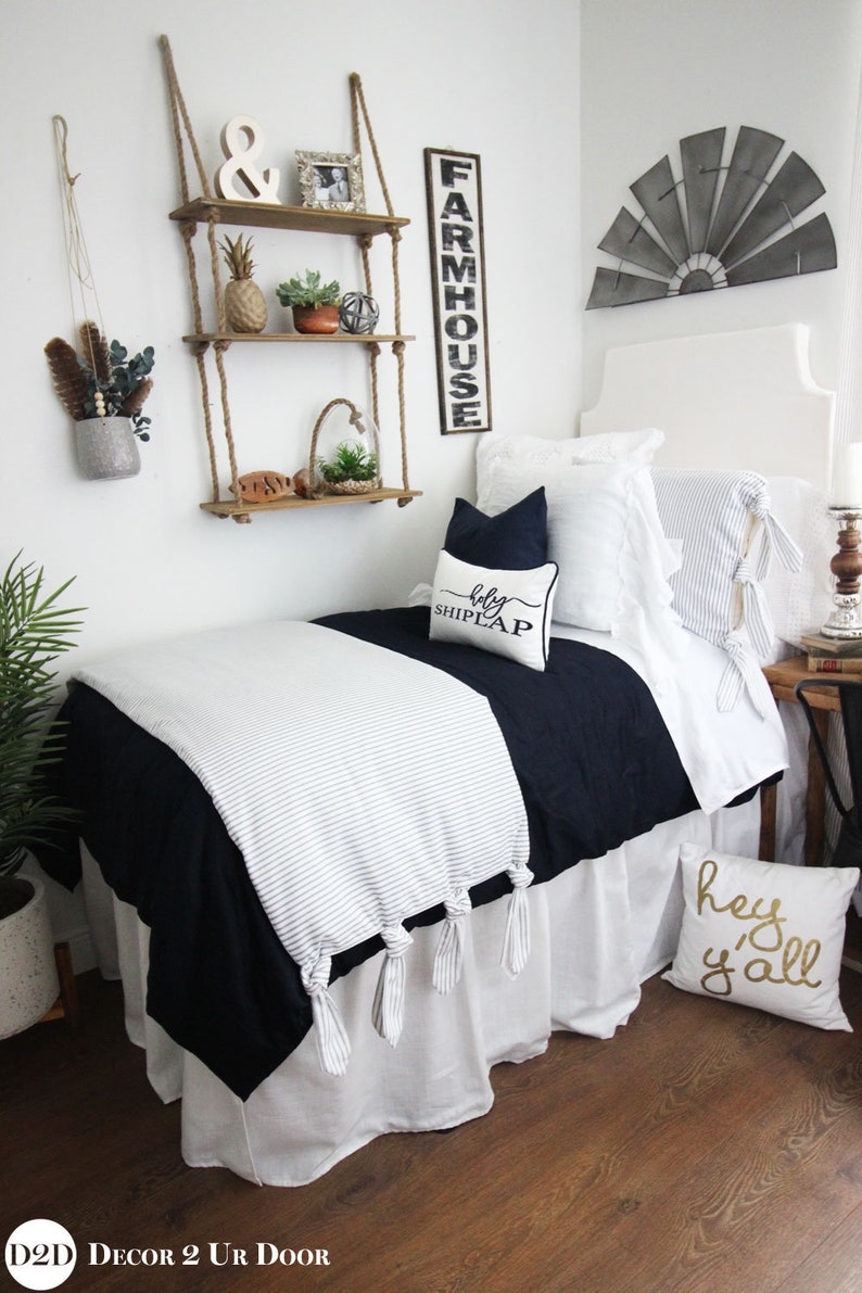 Farmhouse Navy White Ticking Stripe Ties Dorm Bedding Image 0