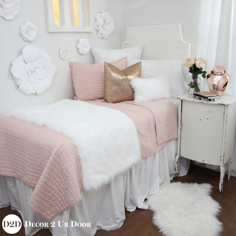 Blush Rose Gold Fur Dorm Bedding Set Image 0