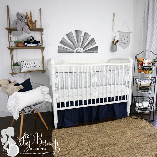 Farmhouse Navy & White Ticking Stripe Baby Crib shops Bedding | Farmhouse Gender Neutral Nursery | Farmhouse Baby Bedding Set