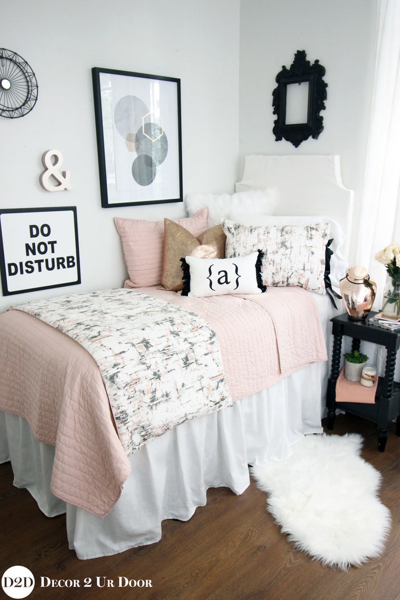 Black Blush Rose Gold Marble Dorm Bedding Set Image 0