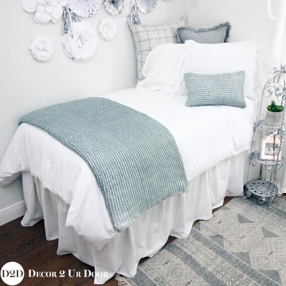 Solid White Linen Look Extended Length 34 Drop Dorm Bed Image 0