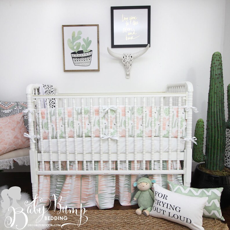 Peach & Green Cactus Baby Crib Bedding Cactus Gender Neutral Etsy